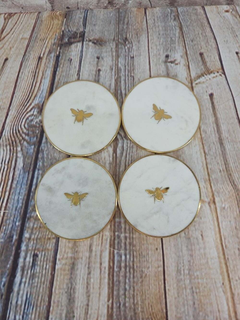 White Marble Coasters Round With Gold Bee Accent Set of 4
